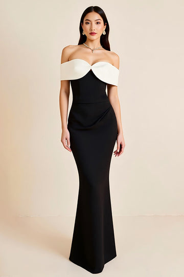 Mermaid Off The Shoulder Satin Long Black Tie Dress